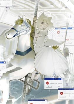 1girl amusement_park animal_ears barefoot carousel cat_ears cat_girl commentary dress error_message glitch grey_eyes highres holding horse long_dress nekosa original parted_lips puffy_short_sleeves puffy_sleeves sad short_hair short_sleeves solo symbol-only_commentary tearing_up water white_dress white_hair white_theme window_(computing) wings