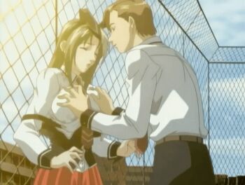 Rule 34 | 00s, 1boy, 1girl, 2005, animal ears, animated, animated gif, bible black, bible black only, breasts, breasts squeezed together, closed eyes, dress, fake ears, grabbing another's breast, green hair, groping, ito mika, large breasts, long hair, lowres, necktie, outdoors, rabbit ears, red dress, school, school uniform, sunset, tagme