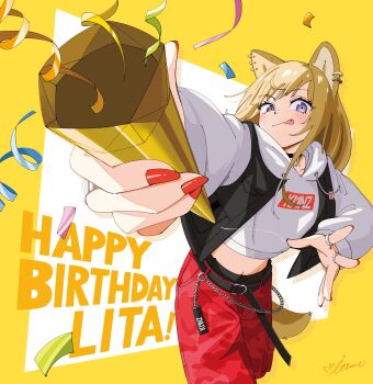 Rule 34 | 1girl, absurdres, animal ear piercing, animal ears, black jacket, blonde hair, character name, closed mouth, commentary request, cowboy shot, cropped hoodie, dog ears, dog girl, dog tail, fingernails, happy birthday, highres, holding, holding party popper, hood, hood down, hoodie, itsumeee3, jacket, jewelry, kmnz, lita (kmnz), long hair, long sleeves, looking at viewer, midriff, multiple rings, nail polish, open clothes, open jacket, pants, party popper, purple eyes, red nails, red pants, ring, sleeveless, sleeveless jacket, smile, solo, swept bangs, tail, tongue, tongue out, virtual youtuber, white hoodie, yellow background