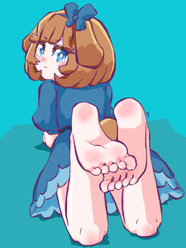 1girl barefoot blue_eyes brown_hair dradora feet highres looking_at_viewer looking_back lying medium_hair on_stomach original soles toes