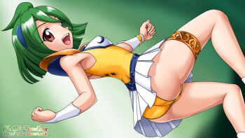 1990s_(style) 1girl :d ahoge ai_tenshi_densetsu_wedding_peach angel_daisy artist_name ass bad_id bad_pixiv_id breasts brown_eyes female_focus green_background green_hair highres jewelry leotard looking_at_viewer magical_girl onoe open_mouth panties retro_artstyle short_hair shoulder_pads skirt smile solo tamano_hinagiku thighlet underwear watermark web_address white_skirt wrist_cuffs yellow_leotard yellow_panties