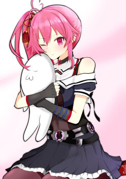 1girl ;) absurdres antenna_hair assault_lily bare_shoulders belt belt_buckle belt_collar black_belt black_collar black_gloves black_shirt black_skirt brown_pantyhose buckle closed_mouth collar commentary cropped_jacket fingerless_gloves frilled_skirt frills gloves gradient_background hair_between_eyes hair_ornament hair_ribbon hands_up highres holding holding_stuffed_toy hugging_doll hugging_object kirikabu_(user_egjh7848) knees_out_of_frame light_blush long_hair looking_at_viewer miniskirt multiple_belts nagasaka_maho off_shoulder one_eye_closed pantyhose pink_background pink_eyes pink_hair puffy_short_sleeves puffy_sleeves red_ribbon red_shoes ribbon school_uniform shirt shoes short_sleeves side_ponytail sitting skirt smile solo stuffed_animal stuffed_toy tassel tassel_hair_ornament two-tone_background two-tone_shirt wariza white_background white_shirt yellow_ribbon yurigaoka_girls_academy_school_uniform