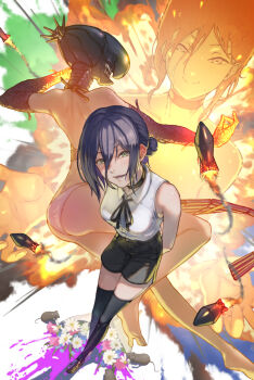 1girl black_choker black_ribbon black_shorts black_thighhighs blood blush bomb bomb_devil_(chainsaw_man) bouquet brown_shoes chainsaw_man choker commentary dynamite explosive flower green_eyes hair_between_eyes highres loafers long_hair_between_eyes looking_at_viewer mouse_(animal) multiple_views neck_ribbon object_head panties pink_blood purple_hair reze_(chainsaw_man) ribbon shirt shoes shorts sleeveless sleeveless_shirt thighhighs underwear ve_0ekaki white_flower white_panties white_shirt