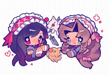 Rule 34 | 2girls, aerith gainsborough, black hair, blue jacket, blue skirt, blush, blym7oym7759061, brown hair, buster sword, chibi, chocobo, closed mouth, commentary, final fantasy, final fantasy vii, frilled hairband, frills, full body, green eyes, grid background, hair ribbon, hairband, heart, highres, holding, holding phone, jacket, long hair, looking at viewer, low-tied long hair, moogle, multiple girls, necktie, open mouth, parted bangs, phone, pink ribbon, plea, red eyes, red necktie, ribbon, school uniform, shirt, skirt, sparkle, sweater vest, swept bangs, tifa lockhart, untranslatable commentary, white shirt, wing collar