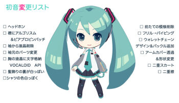 1girl aqua_eyes aqua_hair aqua_necktie arm_tattoo black_boots black_skirt boots chibi chibi_only closed_mouth collared_shirt commentary_request detached_sleeves full_body grey_sleeves hatsune_miku hatsune_miku_(vocaloid3) headset ixima long_sleeves looking_at_viewer necktie no_nose number_tattoo pleated_skirt see-through_clothes see-through_sleeves shirt skirt sleeveless sleeveless_shirt smile solo tattoo thigh_boots tie_clip translation_request twintails vocaloid white_shirt