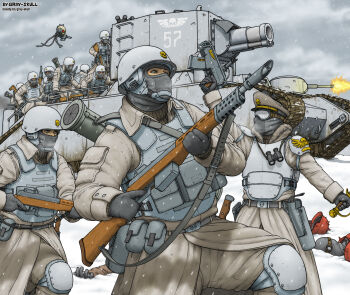 6+boys armor astra_militarum balaclava belt blood_pact_(warhammer_40k) body_armor bolt_pistol brown_shirt bulletproof_vest coat firing goggles gray-skull green_eyes gun helmet highres knee_armor lasgun long_sleeves military_vehicle motor_vehicle multiple_boys muzzle_flash pants pauldrons pouch power_sword ragnarok_(warhammer_40k) rifle rocket_launcher servo-skull shirt shoulder_armor snow snowing tank valhallan_ice_warriors warhammer_40k weapon white_coat white_helmet white_pants winter_uniform yellow_eyes
