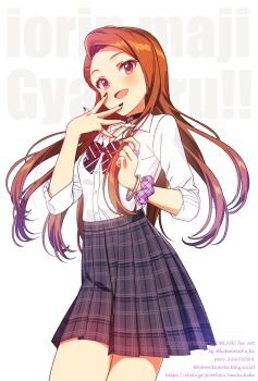 1girl black_bow black_bowtie black_choker black_skirt bluesky_username blush bow bowtie bracelet breasts brown_hair character_name choker concept_gyarus_(idolmaster) fingernails forehead heart heart-shaped_pupils highres idolmaster idolmaster_million_live! jewelry long_hair looking_at_viewer minase_iori nail_polish official_alternate_costume omitsu open_collar pixiv_id plaid_clothes plaid_skirt pleated_skirt school_uniform scrunchie shirt shirt_tucked_in skirt small_breasts smile solo straight_hair striped_bow striped_bowtie striped_clothes symbol-shaped_pupils text_background thighs twitter_username very_long_hair white_shirt wrist_scrunchie