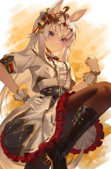 Rule 34 | 1girl, absurdres, ahoge, animal ears, black boots, black pantyhose, blue eyes, blush, boots, bow, bowtie, center frills, closed mouth, commentary, dio dio, ear ornament, english commentary, frills, gloves, grey hair, grey tail, hair between eyes, hair ornament, highres, horse ears, horse girl, horse tail, jacket, long hair, looking at viewer, multicolored bow, multicolored bowtie, multicolored hair, multicolored ribbon, official alternate costume, oguri cap (ashen miracle) (umamusume), oguri cap (umamusume), pantyhose, ribbon, shirt, short sleeves, smile, solo, tail, umamusume, white gloves, white jacket, white shirt