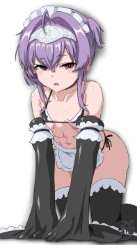 1girl abs ahoge all_fours apron bikini black_bikini black_sleeves black_thighhighs blush breasts collarbone detached_sleeves frills goddess_of_victory:_nikke hair_between_eyes hair_intakes hairband liberalio_(nikke) looking_at_viewer maid maid_bikini maid_headdress parted_lips purple_hair red_eyes sankakukin_gear short_hair side-tie_bikini_bottom signature sleeves_past_fingers sleeves_past_wrists small_breasts solo swimsuit thighhighs twintails unconventional_maid waist_apron white_background