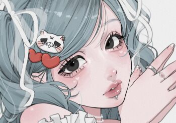 1girl aegyo_sal aqua_hair black_eyes blurry cat_hair_ornament close-up depth_of_field eyelashes face_piercing facial_mark film_grain frills grey_background hair_ornament hair_ribbon heart heart_facial_mark heart_hair_ornament heart_ring highres jewelry labret_piercing lipgloss looking_at_viewer mole mole_under_eye multicolored_nails multiple_rings nail_ornament original parted_lips pearl_choker piercing ribbon ring swept_bangs tamori_(tamori_www) teeth thick_lips twintails two-tone_nails wavy_hair white_ribbon