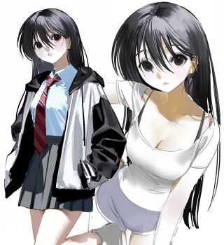 1girl :< :o black_eyes black_hair black_hoodie black_skirt blue_shorts blush bra_strap breasts cleavage closed_mouth collarbone collared_shirt commentary cowboy_shot diagonal-striped_clothes diagonal-striped_necktie dolphin_shorts dot_nose drawstring hair_between_eyes hair_over_eyes hands_in_pockets high-waist_skirt highres hood hoodie long_sleeves looking_at_viewer looking_to_the_side looking_up medium_breasts miniskirt multiple_views nan_(71nnmo) necktie open_clothes open_hoodie original pale_skin pleated_skirt red_necktie school_uniform shirt shoes short_shorts short_sleeves shorts simple_background skirt straight_hair striped_clothes white_background white_shirt white_shoes wing_collar