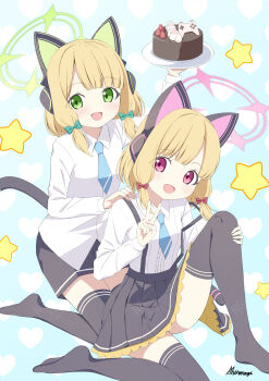 Rule 34 | 2girls, :d, absurdres, animal ear headphones, animal ears, aqua background, black shorts, black skirt, black tail, black thighhighs, blonde hair, blue archive, blue necktie, blunt bangs, blush, bow, breasts, cake, cat ear headphones, cat ears, cat tail, center frills, chocolate cake, collared shirt, commentary request, fake animal ears, fake tail, food, frilled skirt, frills, green bow, green eyes, green halo, hair bow, halo, hand on another's shoulder, hand on own leg, hand up, headphones, heart, heart background, highres, holding, holding plate, knee up, long sleeves, looking at viewer, low-tied sidelocks, medium hair, midori (blue archive), momoi (blue archive), multiple girls, necktie, no jacket, no shoes, open mouth, parted bangs, patterned background, pink eyes, pink halo, plate, pleated skirt, red bow, shiraragi, shirt, short necktie, shorts, siblings, sidelocks, signature, sisters, sitting, skirt, small breasts, smile, star (symbol), strap slip, suspender skirt, suspenders, tail, thighhighs, twins, untucked shirt, v, watermark, watermark grid, white shirt