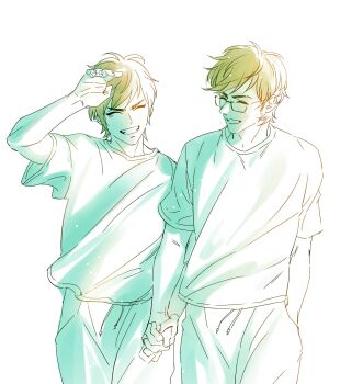 2boys ace_of_diamond brown_hair closed_mouth cowboy_shot facing_another floating_hair glasses grin hand_in_pocket heise_wanbaolu highres holding_hands male_focus miyuki_kazuya multiple_boys pants rectangular_eyewear sawamura_eijun shirt short_hair simple_background smile sweatpants walking white_background yaoi