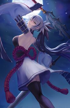 1girl absurdres back backless_outfit black_hair black_thighhighs commentary commission detached_sleeves english_commentary fate/grand_order fate_(series) grin highres holding holding_polearm holding_sword holding_weapon japanese_clothes long_hair looking_at_viewer moon multicolored_hair nagao_kagetora_(fate) night outdoors polearm ponytail sky smile solo spear star_(sky) streaked_hair sushisnek sword thighhighs two-tone_hair uesugi_kenshin_(first_ascension)_(fate) very_long_hair weapon white_hair