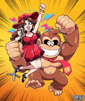 1boy 1girl ape arm_up blue_eyes breasts brown_hair cleavage clenched_teeth donkey_kong donkey_kong_(series) donkey_kong_bananza dress eyeshadow hat large_breasts lipstick makeup male_focus mario_(series) microphone microphone_stand mike_luckas necktie nintendo official_alternate_costume parted_bangs pauline_(mario) purple_eyeshadow red_dress red_hat red_lips self_cosplay smile super_mario_odyssey teeth upper_teeth_only