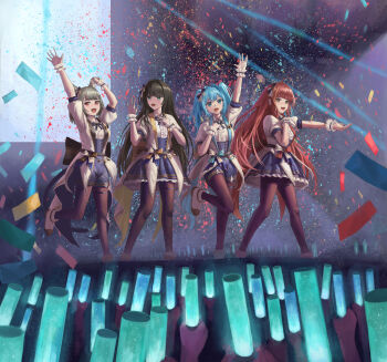 4girls absurdres akane_lize animal_ears arahashi_tabi audience black_hair blue_eyes blue_hair bow bowtie breasts brown_eyes confetti fang glowstick green_eyes grey_hair hand_up highres holding holding_glowstick idol long_hair medium_breasts multiple_girls neneko_mashiro open_mouth red_eyes shirayuki_hina small_breasts stage stage_lights stellive teeth thigh_strap twckb wrist_cuffs