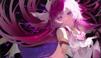 1girl artist_name bare_shoulders breasts canataari corset diamond-shaped_pupils diamond_(shape) elysia_(herrscher_of_human:_ego)_(honkai_impact) elysia_(honkai_impact) gloves hair_ornament hashtag-only_commentary heart highres honkai_(series) honkai_impact_3rd long_hair looking_at_viewer medium_breasts pink_hair purple_eyes sky smile solo star_(sky) starry_sky symbol-shaped_pupils triquetra very_long_hair white_corset white_gloves