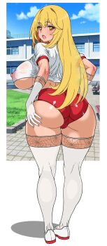 1girl ass blonde_hair breasts brown_eyes buruma cameltoe covered_erect_nipples crop_top from_behind frozen_gingasan gloves gluteal_fold gym_shirt gym_uniform huge_ass huge_breasts lace lace-trimmed_thighhighs lace_trim long_hair looking_back nipples open_mouth outdoors red_buruma see-through_clothes see-through_shirt shirt shokuhou_misaki solo sparkling_eyes spider_web_print standing t-shirt thigh_gap thighhighs toaru_kagaku_no_railgun toaru_majutsu_no_index wedgie white_gloves white_shirt white_thighhighs