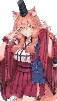 1girl absurdres animal_ears blush breasts fate/grand_order fate_(series) fox_ears fox_tail grin highres large_breasts long_hair long_sleeves looking_at_viewer ootato orange_hair skirt smile solo suzuka_gozen_(fate) suzuka_gozen_(second_ascension)_(fate) tail yellow_eyes