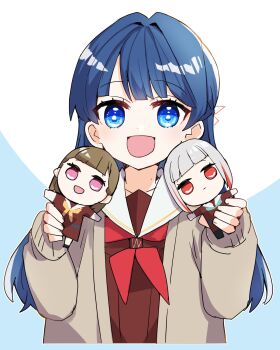 Rule 34 | 1girl, :d, blue background, brown cardigan, brown dress, cardigan, character doll, collarbone, commentary request, cropped torso, doll, dollchestra, dress, hair intakes, half updo, hasu no sora school uniform, highres, holding, holding doll, kachimachi kosuzu, kanduki kamibukuro, kyurumaru, link! like! love live!, long hair, long sleeves, looking at viewer, love live!, mole, mole on neck, murano sayaka, neckerchief, open cardigan, open clothes, open mouth, red neckerchief, sailor collar, sailor dress, school uniform, simple background, smile, solo, upper body, virtual youtuber, white sailor collar, winter uniform, yugiri tsuzuri