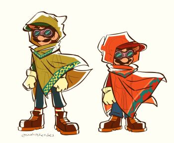 2boys brothers brown_hair facial_hair full_body gloves goggles hat hood hood_up looking_at_viewer luigi mario mario_(series) multiple_boys mustache nintendo overalls siblings standing the_super_mario_galaxy_movie