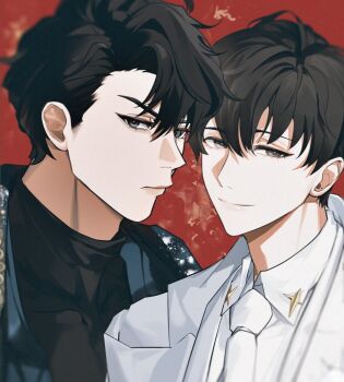 2boys black_eyes black_hair black_shirt blue_jacket curtained_hair hair_between_eyes jacket kim_dokja kyou_tayaoi looking_at_viewer male_focus multiple_boys necktie omniscient_reader&#039;s_viewpoint red_background shirt short_hair simple_background smile upper_body vest white_necktie white_shirt white_vest yoo_joonghyuk