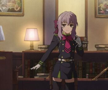 10s 1boy 1girl animated animated_gif belt black_skirt crossed_arms eyes_closed gloves hiiragi_shinoa hyakuya_yuuichirou indoors long_hair owari_no_seraph purple_hair screencap skirt uniform white_gloves
