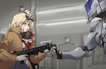 Rule 34 | 1girl, 1other, animal, animal on head, bent barrel, bird, bird on head, blonde hair, brown jacket, cowboy shot, curly hair, eyewear on head, fluorescent lamp, frilled skirt, frills, from side, girls' frontline, gloves, gun, hair ornament, hairclip, helmet, henshako, holding, holding weapon, id card, jacket, mechanical arms, o o, on head, open clothes, open jacket, parody, robocop, robocop 1, side ponytail, skirt, sterling (girls' frontline), sterling smg, sterling submachine gun, strelet (girls' frontline), submachine gun, sunglasses, sweatdrop, weapon, white gloves, yellow eyes