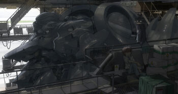 Rule 34 | 1boy, 1girl, highres, mecha, railing, revision, robot, school uniform, stairs, tsukuba masahiro