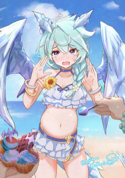Rule 34 | absurdres, artist name, beach, bikini, blue hair, blue tail, blue wings, bracelet, braid, chokomin, crystal horns, crystal wings, dragon girl, dragon horns, dragon tail, dragon wings, fang, flower, food, frilled bikini, frills, full stomach, hair flower, hair ornament, hair over shoulder, highres, horns, ice cream, jewelry, multiple bracelets, navel, ocean, open mouth, outdoors, princess connect!, purple eyes, sheffy (princess connect!), sheffy (summer) (princess connect!), skin fang, standing, sunflower, swimsuit, swimsuit skirt, tail, tearing up, white bikini, wings