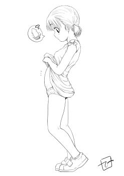 1girl belly clothes_lift female_focus from_side full_body highres lifting_own_clothes loli looking_down monochrome oonuma_hiroshi original panties profile shirt_lift shoes short_twintails solo spoken_animal squid standing stomach twintails underwear