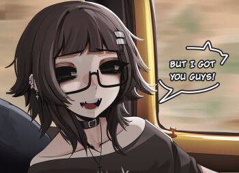 Rule 34 | 1girl, absurdres, bare shoulders, black-framed eyewear, black choker, black eyes, black hair, black shirt, blunt bangs, choker, collarbone, commentary, cross, cross earrings, cross necklace, ear piercing, earrings, english commentary, english text, glasses, hair ornament, hairclip, highres, jewelry, looking at viewer, medium hair, mikuneki, necklace, off-shoulder shirt, off shoulder, open mouth, original, parallel hairclips, piercing, riyo kaede (mikuneki), sad, sad smile, semi-rimless eyewear, shirt, solo, speech bubble, talking, tearing up, under-rim eyewear, upper body