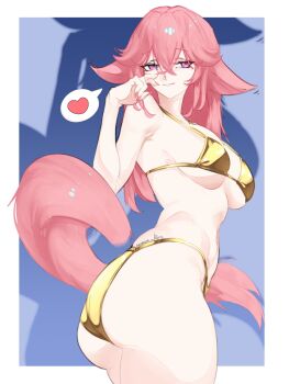 1girl absurdres animal_ears artist_name bikini blue_background breasts commentary detached_tail drop_shadow genshin_impact gold_bikini grin heart highres inset_border pink_hair pink_nails pink_tail purple_eyes rory-hb smile solo spoken_heart string_bikini swimsuit two-tone_background white_background yae_miko