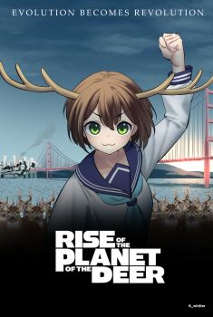 1girl :3 absurdres antlers arm_up artist_name blue_neckerchief blue_sailor_collar blue_sky bob_cut bridge brown_hair building burning burning_building city clenched_hand closed_mouth cloud cloudy_sky collared_shirt commentary crowd deer deer_antlers deer_girl dress_shirt english_text golden_gate_bridge green_eyes hair_between_eyes highres horns looking_at_viewer mountainous_horizon movie_poster_(medium) neckerchief ocean parody planet_of_the_apes poster_parody sailor_collar san_francisco school_uniform serafuku shikanoko_noko shikanoko_nokonoko_koshitantan shirt short_hair sky skyscraper smile smoke smug solo suspension_bridge title twitter_username v-shaped_eyebrows water white_shirt whitter