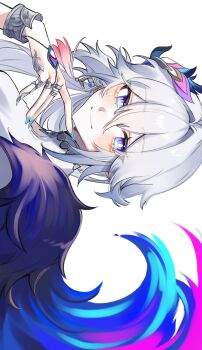 1girl above-cleavage_cutout absurdres blue_eyes blue_nails clothing_cutout commentary_request from_side hair_between_eyes highres honkai:_star_rail honkai_(series) long_hair looking_to_the_side multicolored_eyes nail_polish osakana_shira peacock_feathers_hair_ornament portrait purple_eyes sideways silver_bangle simple_background smile solo two-tone_eyes white_background white_hair yao_guang_(honkai:_star_rail)