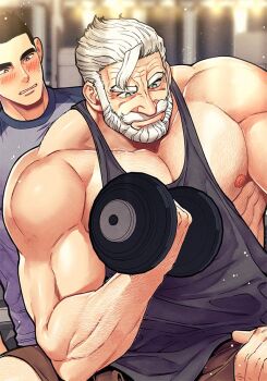2boys age_difference alternate_costume bara beard black_hair black_tank_top blue_eyes blush couple dumbbell exercising facial_hair full_beard hairy holding holding_dumbbell karl-heinz_leopold kim_nuruk liebling male_focus mature_male multiple_boys muscle_awe muscular muscular_male nipples old old_man paid_reward_available pectorals short_hair shorts sideburns_stubble sidepec strongman_waist stubble taehoon_park tank_top thick_beard thick_eyebrows white_hair wrinkled_skin yaoi