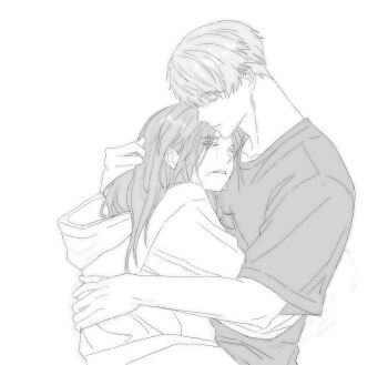 Rule 34 | 1boy, 1girl, absurdres, arm around back, closed eyes, comforting, couple, crying, grey hair, hair between eyes, hand in another's hair, hetero, highres, hood, hood down, hoodie, hug, ladxena, long hair, love and deepspace, parted bangs, parted lips, protagonist (love and deepspace), shirt, short hair, t-shirt, tears, upper body, white background, white hoodie, xavier (love and deepspace)