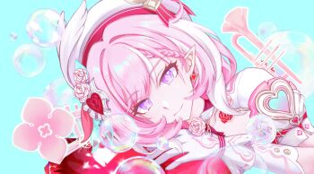 1girl absurdres aqua_background braid braided_bangs bubble closed_mouth commentary diamond-shaped_pupils diamond_(shape) earrings elf elysia_(hi_love_elf)_(honkai_impact) elysia_(honkai_impact) english_commentary flower gloves hair_ornament hat heart heart_earrings heart_hair_ornament highres honkai_(series) honkai_impact_3rd instrument jewelry looking_at_viewer multicolored_hair pink_flower pink_hair pink_rose pointy_ears purple_eyes rose short_hair smile solo streaked_hair susprin symbol-shaped_pupils trumpet white_gloves white_hat