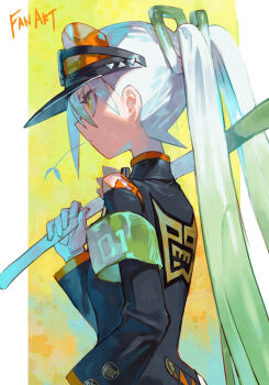 1girl armband closed_mouth fighting_miku_(project_voltage) from_side gloves gradient_hair green_armband green_hair hair_between_eyes hat hatsune_miku holding hungry_clicker long_hair long_sleeves mouth_hold multicolored_hair nintendo pokemon profile project_voltage simple_background solo spring_onion stalk_in_mouth twintails very_long_hair visor_cap vocaloid white_gloves white_hair