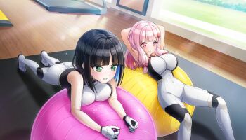 2girls ass ball black_hair blue_hair blunt_bangs bodysuit breasts dolphin_wave eines_(dolphin_wave) exercise_ball exercising game_cg green_eyes hair_ornament hair_ribbon hairclip highres large_breasts long_hair multicolored_hair multiple_girls nacht_(dolphin_wave) non-web_source official_art ootomo_takuji pink_eyes pink_hair ribbon short_hair skin_tight sweat two-tone_hair