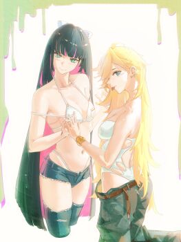 2girls absurdres aqua_eyes baggy_pants bare_shoulders bikini black_hair blonde_hair bow breasts choppy_bangs collarbone colored_inner_hair commentary cropped_legs denim denim_shorts dudrinm english_commentary feet_out_of_frame hair_bow halterneck highres holding_hands leotard long_hair looking_at_another looking_back micro_shorts multicolored_hair multiple_girls navel one-piece_swimsuit pants panty_&amp;_stocking_with_garterbelt panty_(psg) short_shorts shorts small_breasts stocking_(psg) swimsuit thighhighs tongue tongue_out upper_body white_bikini zettai_ryouiki