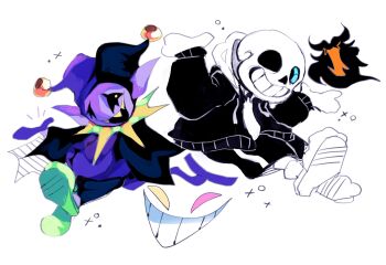 1other 2boys blue_eyes blue_skin colored_skin colored_teeth commentary creature deltarune english_commentary eram_(deltarune) glowing glowing_eye green_shoes grin hat highres hollow_eyes hood jacket jester_cap jevil mantle multiple_boys open_mouth playcenter pointy_ears sans_(undertale) sharp_teeth shoes shrugging skeleton smile tail teeth utdr_(toby_fox) yellow_teeth