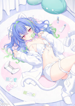 1girl absurdres animal_ears blue_hair bra candy closed_mouth commentary_request controller copyright_notice fake_animal_ears fake_tail feet_out_of_frame food game_controller gradient_hair green_hair highres holding holding_candy holding_food holding_lollipop jacket leg_warmers lollipop long_hair looking_at_viewer lying multicolored_hair nanashi_inc. navel official_alternate_costume on_back panties red_eyes ribbon sample_watermark short_shorts shorts smile snow_is socks solo stomach streaked_hair suzumi_nemo swirl_lollipop tail underwear virtual_youtuber watermark wavy_hair white_bra white_jacket white_leg_warmers white_ribbon white_shorts white_socks