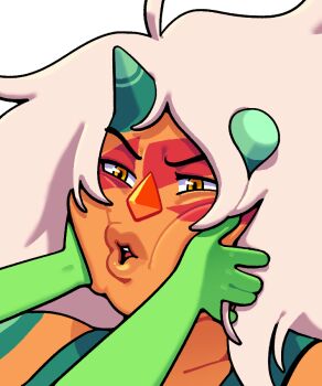 2girls broken_horn cheek_squash colored_skin discount-supervillain gem gem_(steven_universe) green_horns horns jasper_(steven_universe) jasper_(uncorrupted)_(steven_universe) lips long_hair multiple_girls muscular muscular_female open_mouth orange_skin peridot_(steven_universe) solo_focus steven_universe steven_universe_future striped_skin thick_lips white_hair yellow_eyes