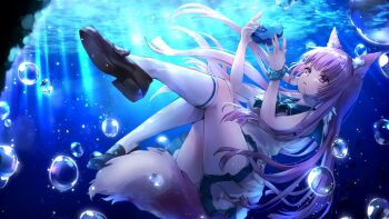 1girl absurdres aki_kakao animal_ears black_shoes blue_sailor_collar blue_scrunchie bubble caustics commentary_request dress fox_ears fox_girl fox_tail guild_cq highres kneehighs long_hair purple_eyes purple_hair quon_tama sailor_collar scrunchie shoes short_dress socks solo tail thighs underwater virtual_youtuber water white_dress white_socks wrist_scrunchie
