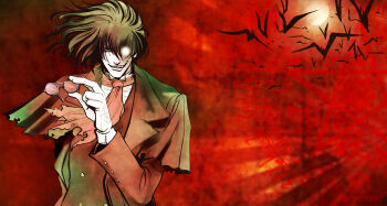 Rule 34 | 1boy, alucard (hellsing), artist name, ascot, black hat, capelet, coat, commentary request, fang, glasses, glowing, glowing eye, grin, hat, hellsing, highres, holding, holding removed eyewear, male focus, moon, pentagram, red theme, simple bat, smile, solo, toshimichi yukari, unworn eyewear, upper body