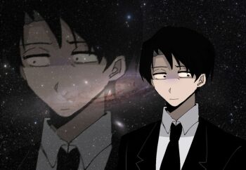 1boy black_jacket black_necktie closed_mouth collared_shirt confused hillsbeichen jacket library_of_ruina looking_to_the_side male_focus meme multiple_views necktie project_moon roland_(project_moon) shaded_face shirt space space_cat_(meme) white_shirt wing_collar
