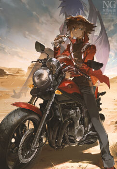 1boy 1other absurdres black_pants black_shirt bottle brown_eyes brown_hair cocaduel denim duel_academy_uniform_(yu-gi-oh!_gx) duel_monster highres holding holding_bottle jacket medium_hair motor_vehicle motorcycle on_motorcycle pants red_jacket shirt solo_focus yu-gi-oh! yu-gi-oh!_gx yubel yuki_judai