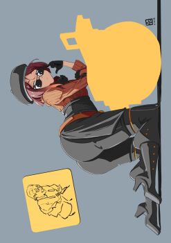 1boy 1girl adel ass automatic_giraffe bent_over brown_hair coco_adel corset gloves hair_ornament hairclip high_heels highres pants rwby sunglasses sweater