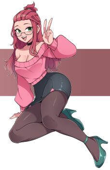 1girl bangs_pinned_back bare_shoulders black_choker black_skirt breasts brown_pantyhose choker cleavage commentary commission english_commentary full_body green_eyes green_shoes hand_up high_heels highres large_breasts long_hair long_sleeves looking_at_viewer off-shoulder_sweater off_shoulder oninuer open_mouth original pantyhose pencil_skirt pink_hair pink_sweater shoes skirt smile solo sweater v